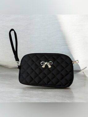 Black Quilted Wristlet purse with Gold Bow Accent
